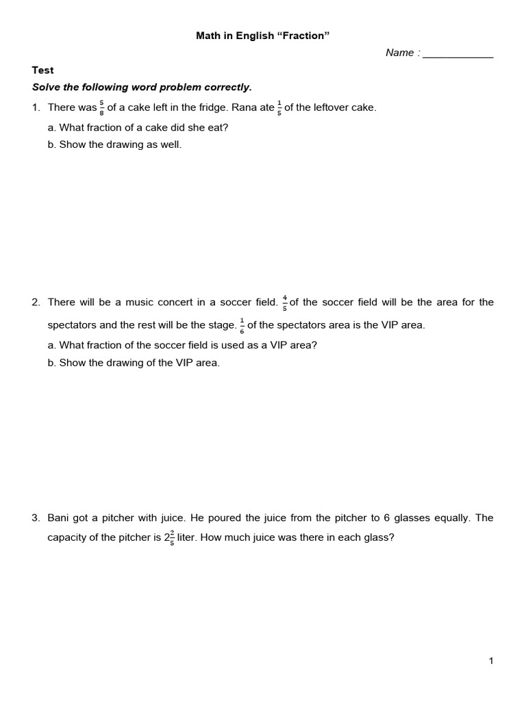 Fraction Word Problems Test | PDF | Cakes | Cuisine