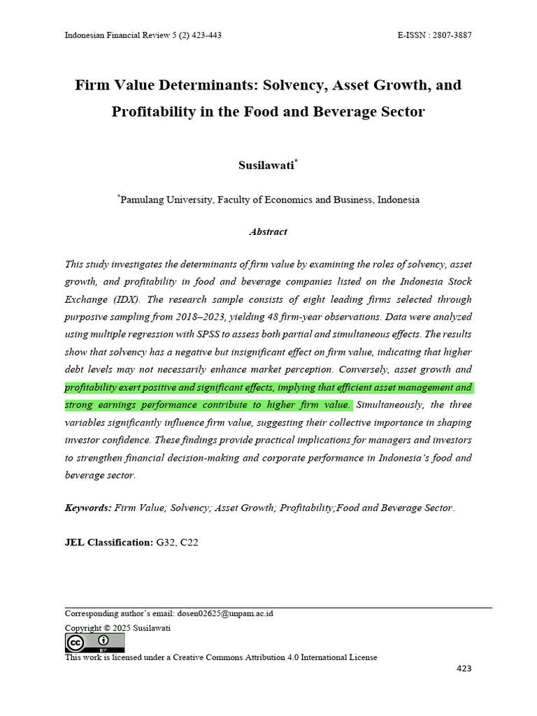 Firm Value Determinants Solvency, Asset Growth, and Profitability in ...