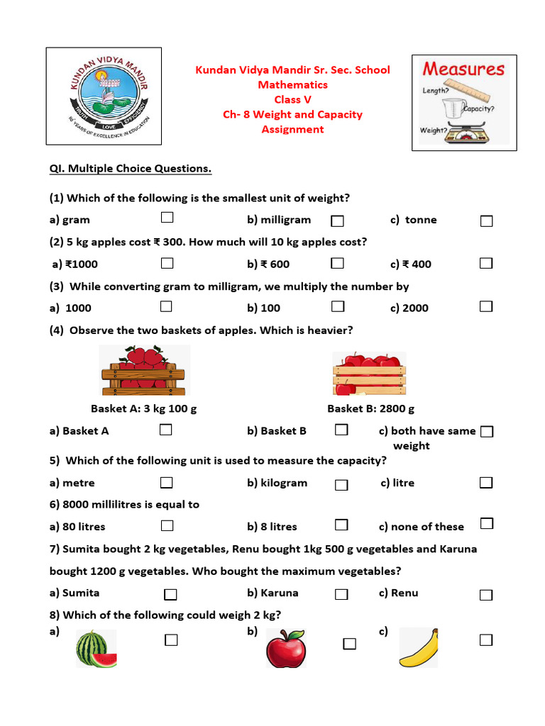 Weight and Capacity Quiz for Class V | PDF | Litre | Kilogram