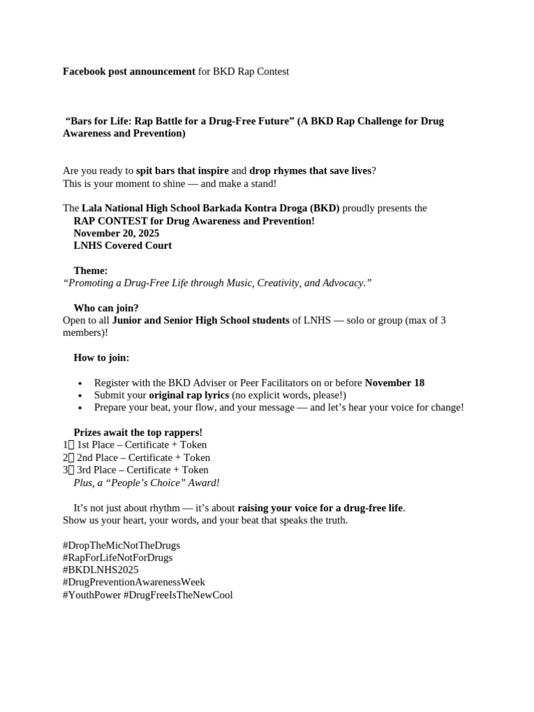 BKD Rap Contest for Drug Awareness | PDF | Rapping