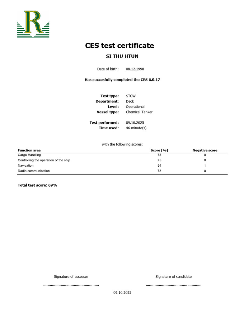 CES Test Certificate for Deck Operations | PDF