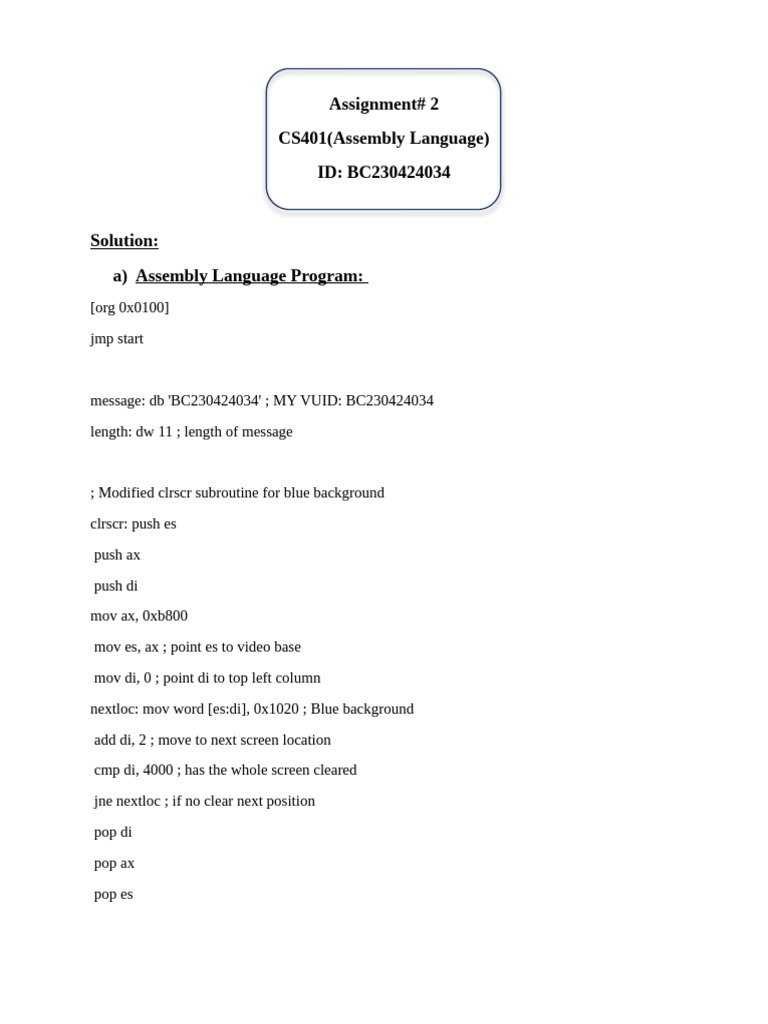 Assembly Language Program for CS401 | PDF