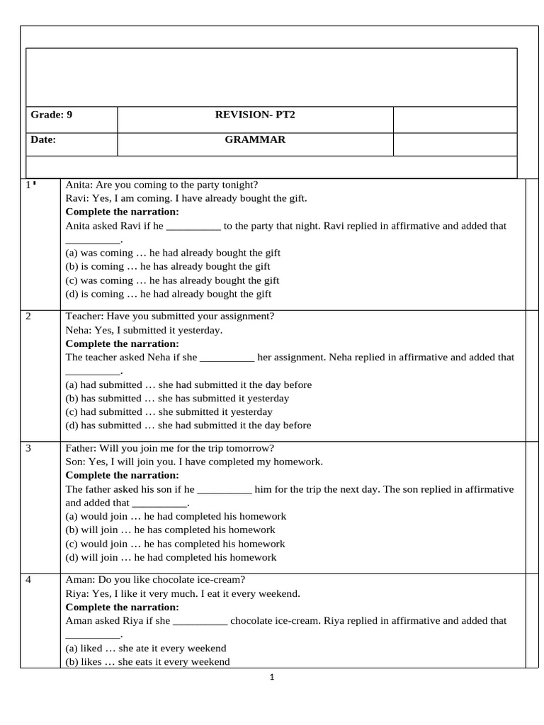Grammar Exercises for Grade 9 Students | PDF