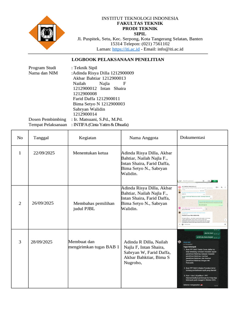 Logbook Penelitian Teknik Sipil ITI | PDF