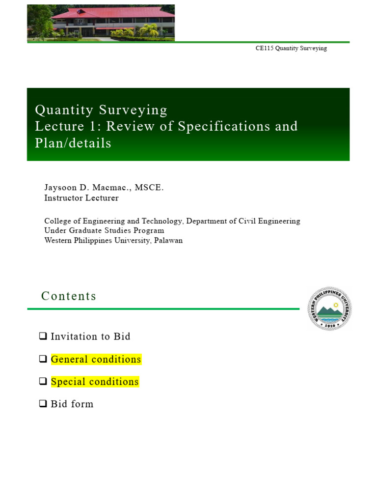 Lecture 1 Review of Specifications and Plan or Details 2 | PDF ...