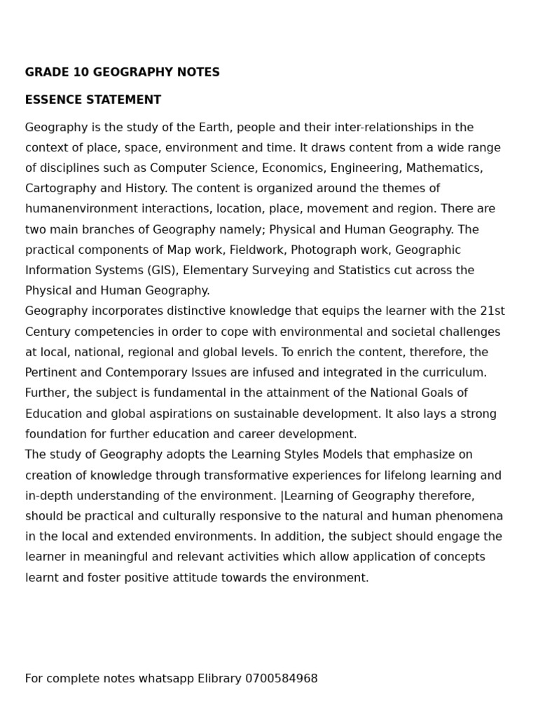 Grade 10 Geography Study Notes | PDF | Geography | Drainage Basin