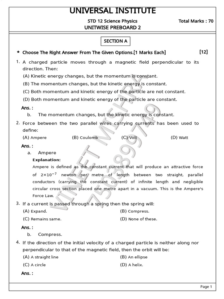 Physics MCQs for Class 12 Preboard Exam | PDF | Inductance ...