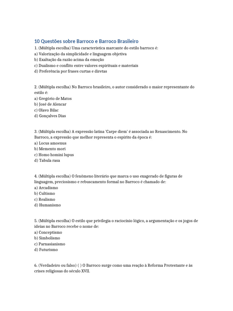 Questões sobre Barroco e Barroco Brasileiro | PDF