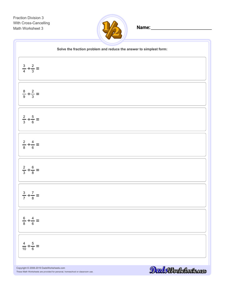 Fraction Division Worksheet with Cross-Cancelling | PDF