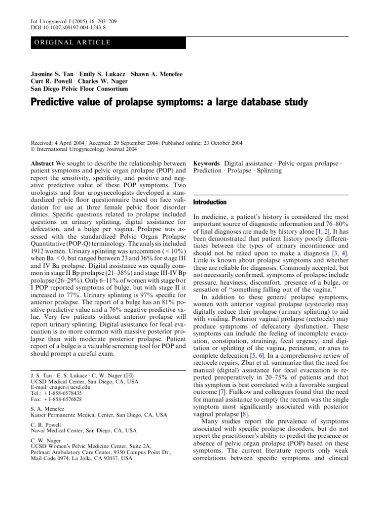 Prolapse Symptoms Predictive Value Study | PDF | Pelvis | Diseases And ...