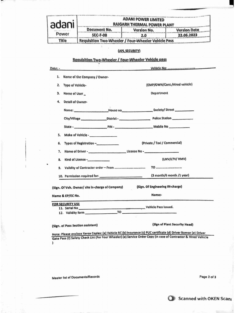 Vehicle Pass Form | PDF