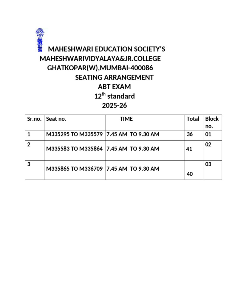 12th Grade ABT Exam Seating 2025-26 | PDF