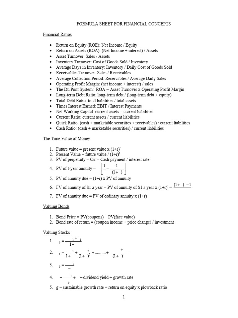 Financial Concepts Formula Sheet | PDF | Investing | Cost Of Capital