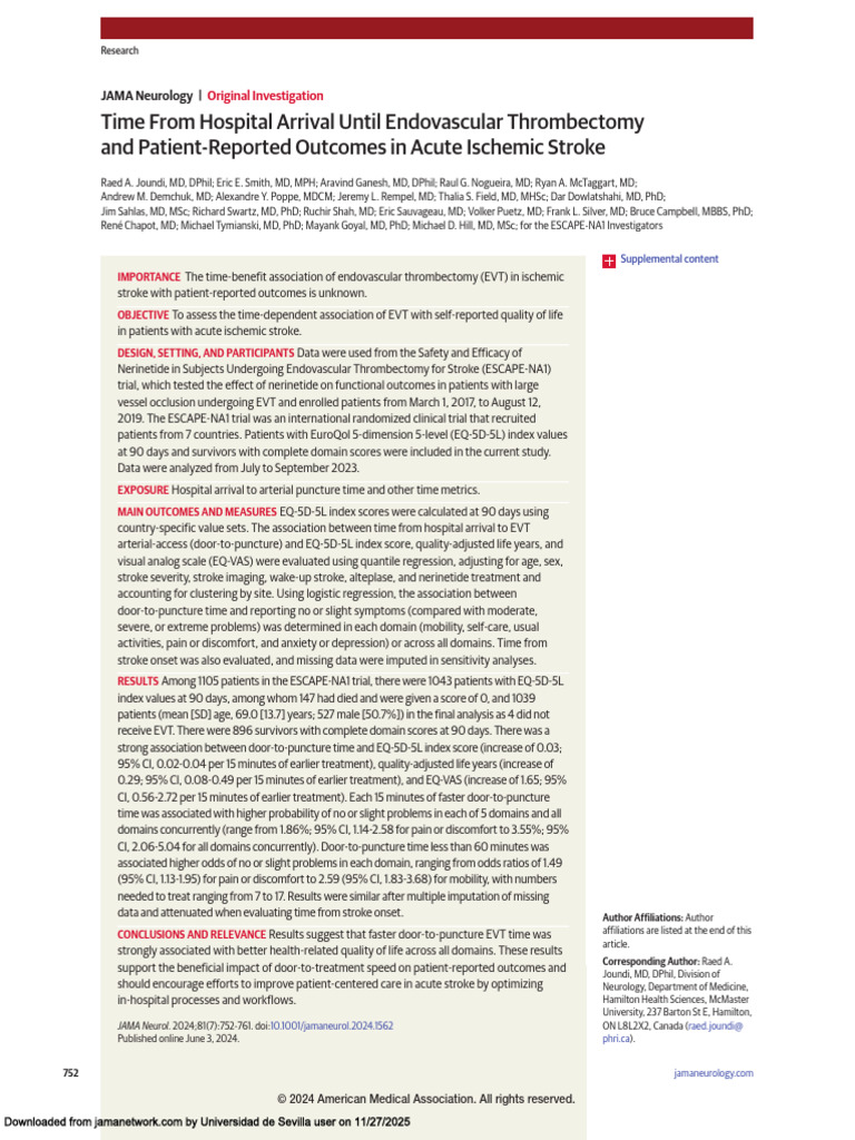 Impact of EVT Timing on Stroke Outcomes | PDF | Stroke | Pain