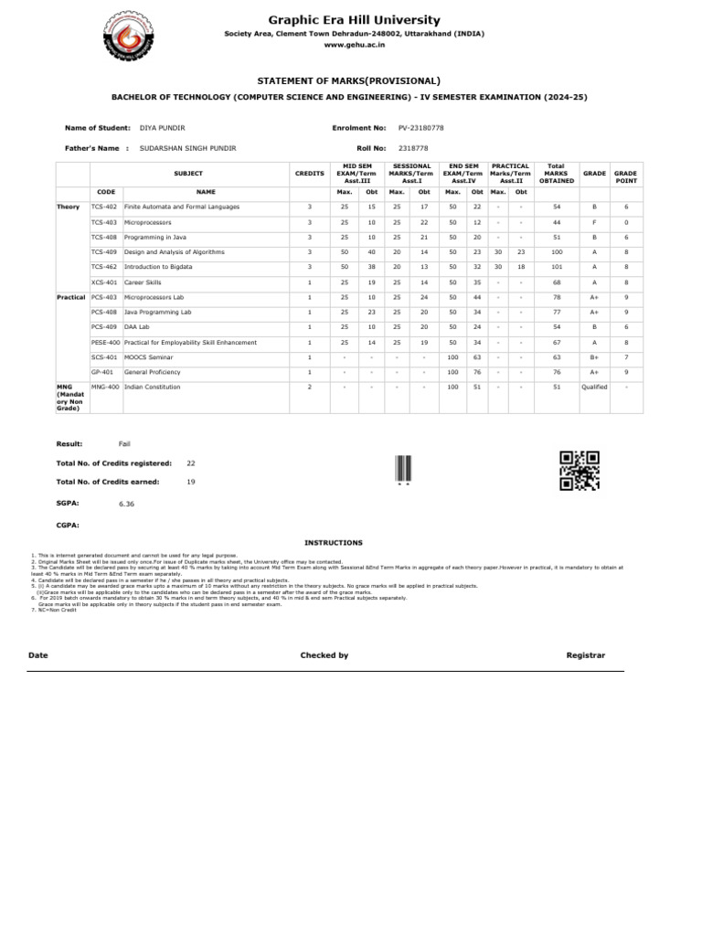 B.Tech IV Semester Marks Statement | PDF | Computing