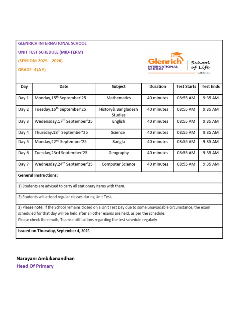Glenrich School Grade 4 Unit Test Schedule | PDF