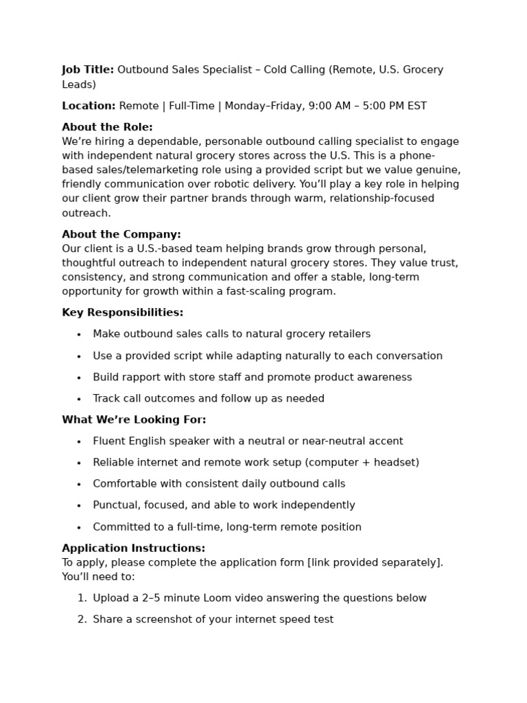 Outbound Sales Specialist - Cold Calling (Remote, U.S. Grocery Leads) | PDF