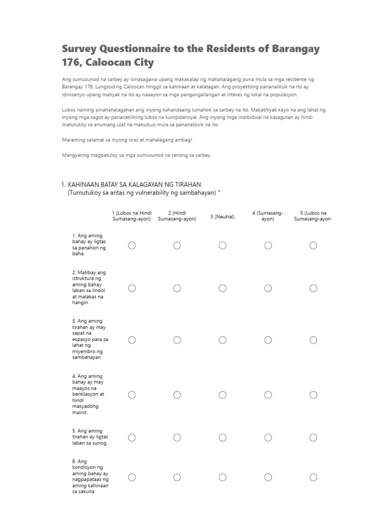 Survey Questionnaire To The Residents of Barangay 176, Caloocan City | PDF