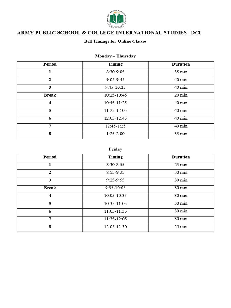 Army Public School Online Class Timings | PDF