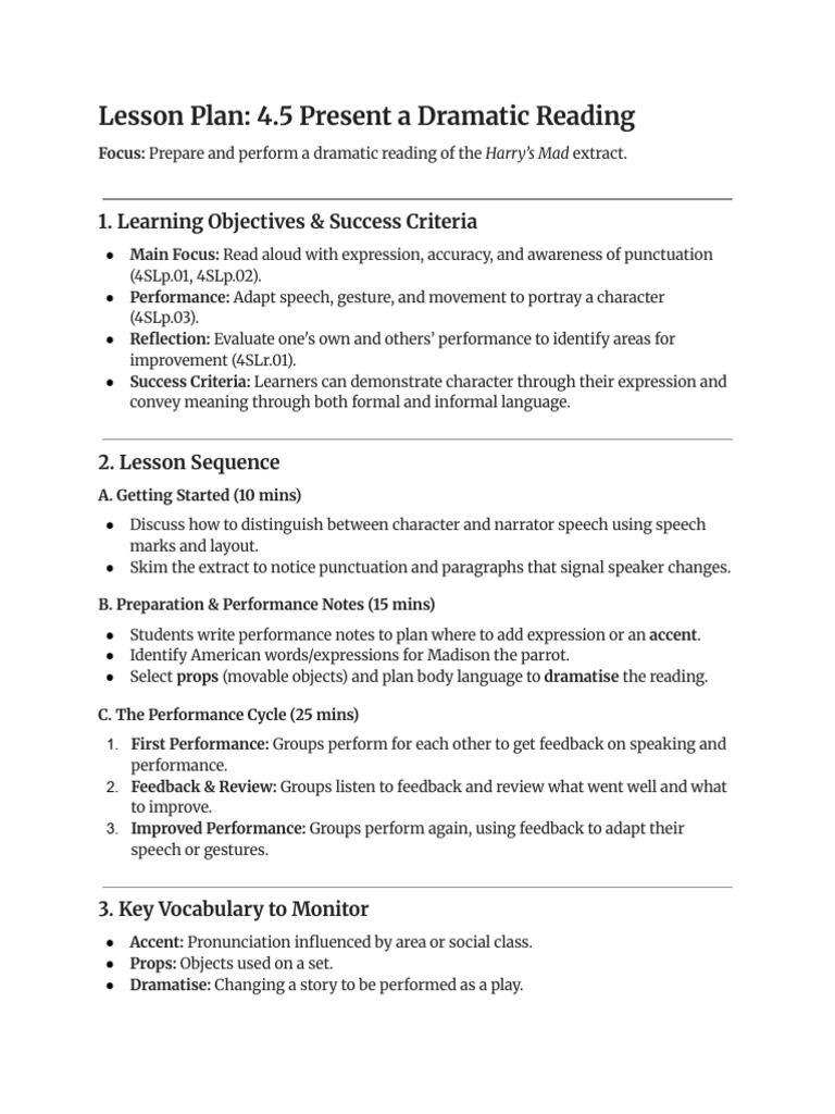 Dramatic Reading Lesson Plan Guide | PDF