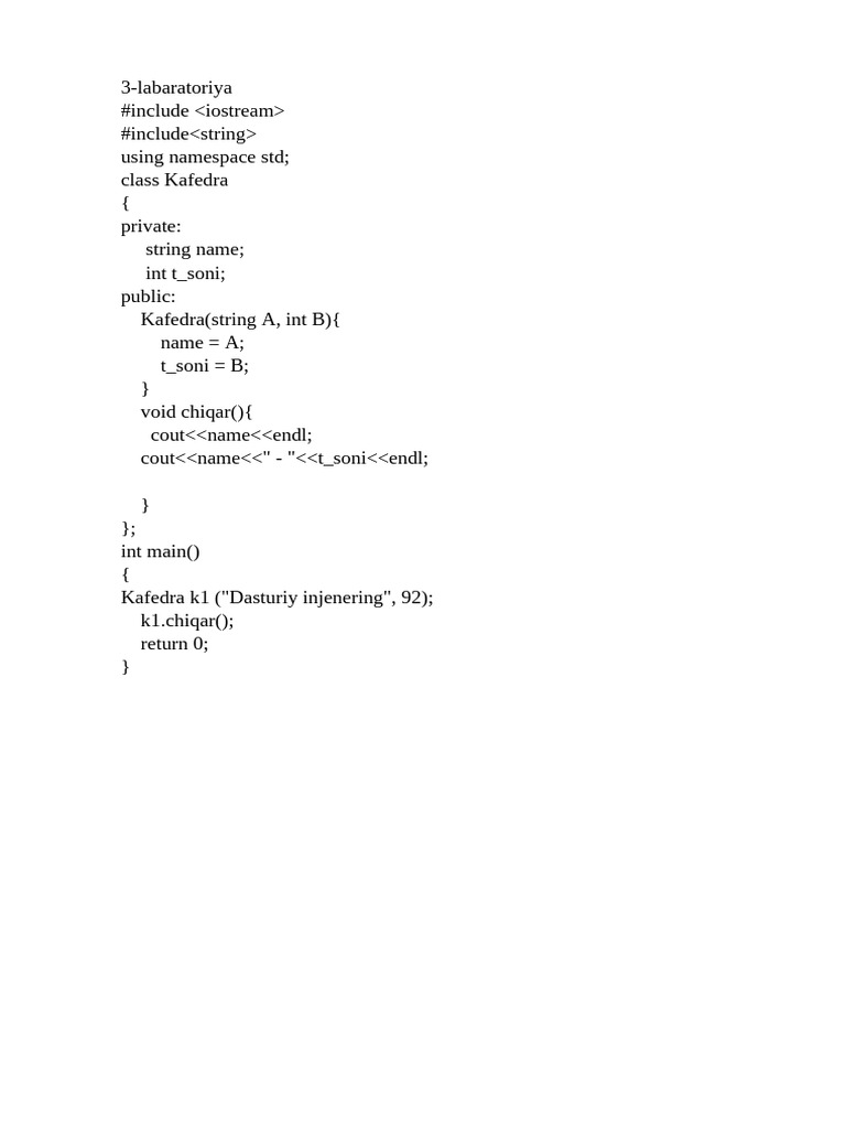 C++ Class Examples: Kafedra & Kitob | PDF