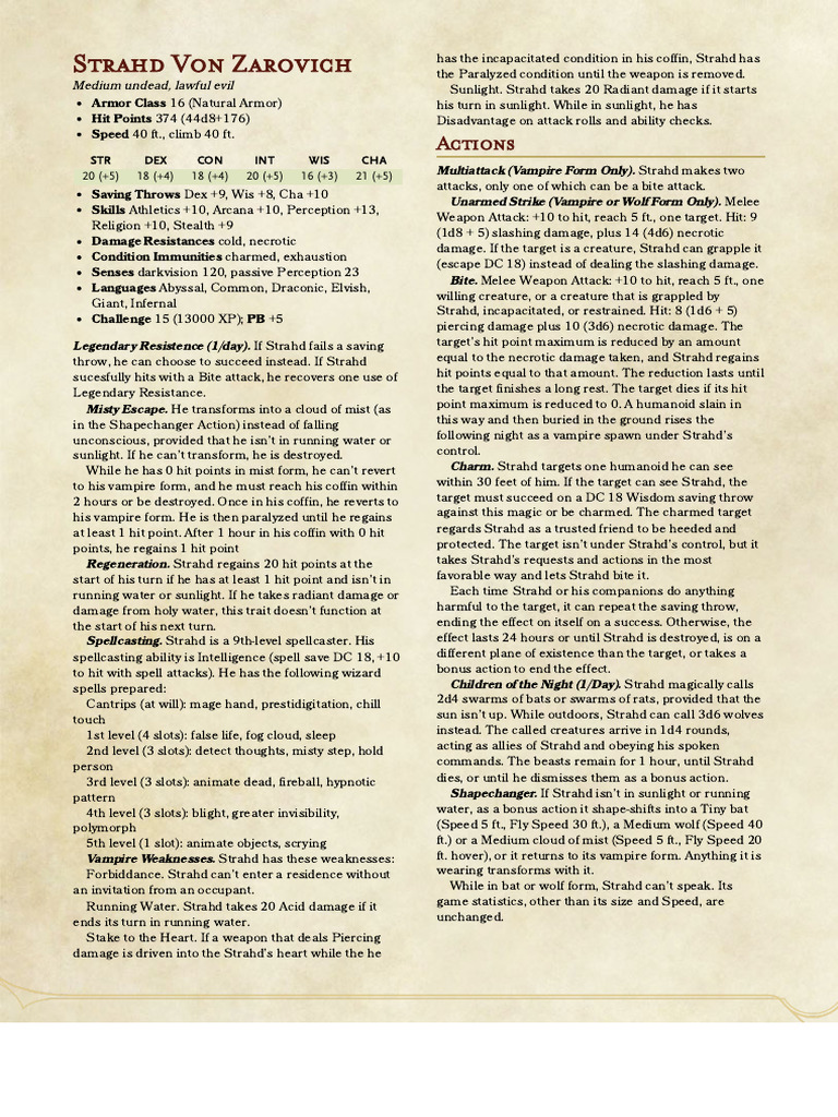 Strahd Von Zarovich Vampire Stats | PDF