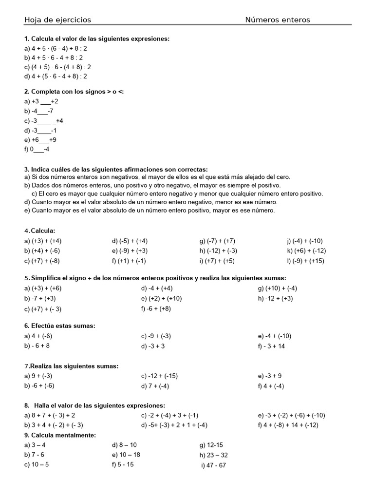 Ejercicios de Números Enteros y Operaciones | PDF | Matemáticas ...