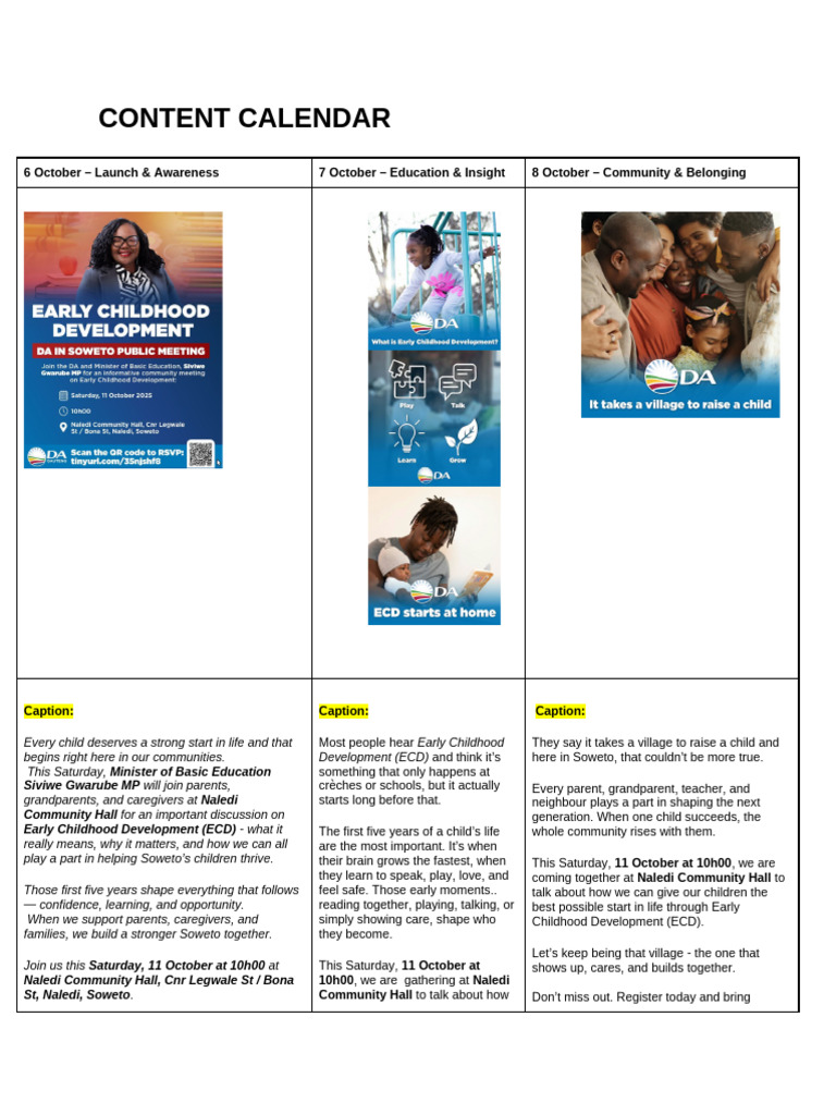 Ecd - Minister Gwarube 11th October 25 Content Calendar - All | PDF ...