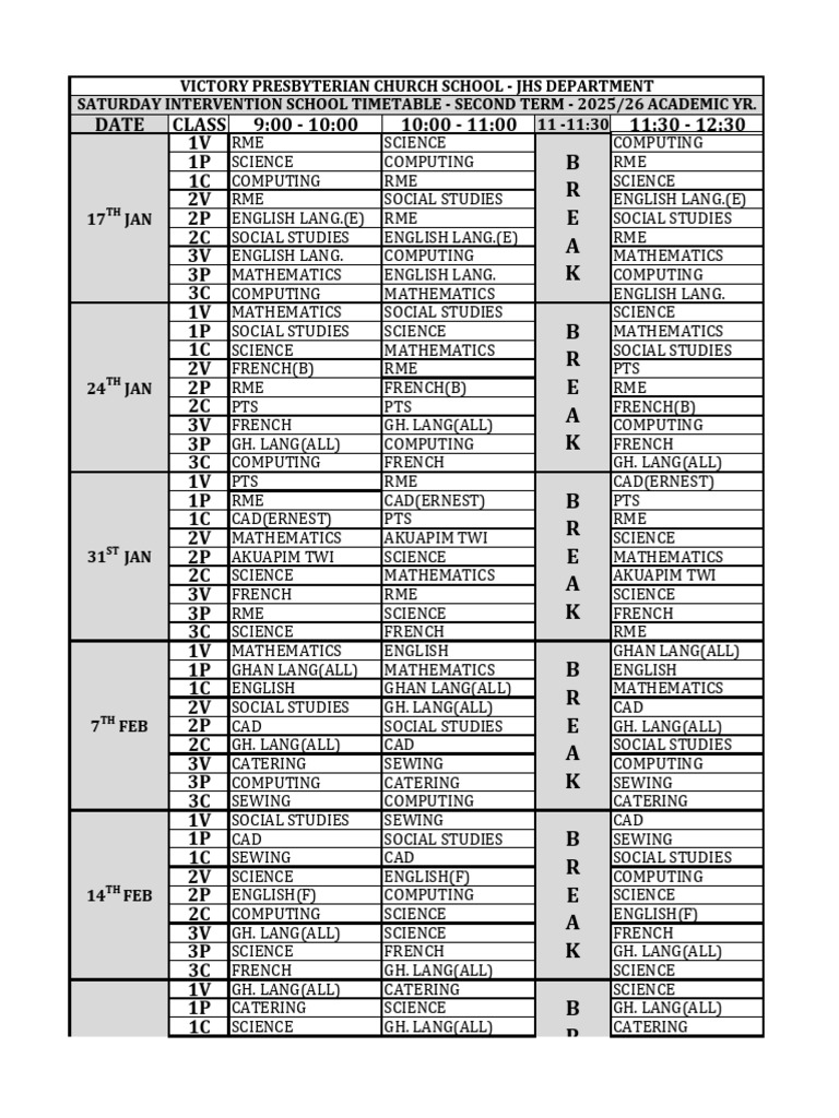 JHS Saturday Intervention Timetable 2025 | PDF | Mathematics