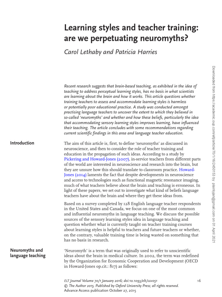 Debunking Learning Styles Neuromyths | PDF | Learning Styles | English ...