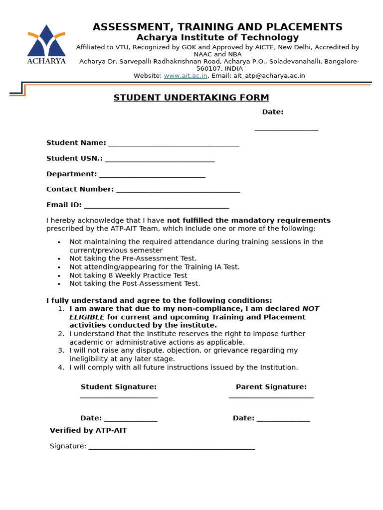 Student Undertaking for Training Eligibility | PDF