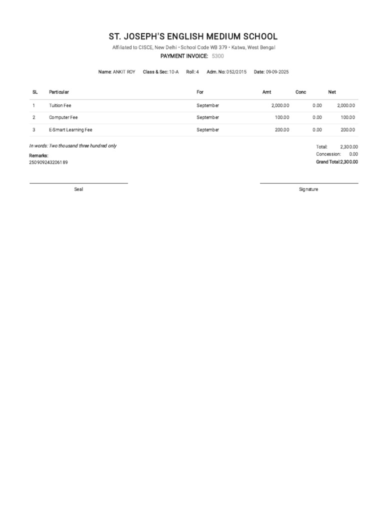 St. Joseph's School Payment Invoice | PDF