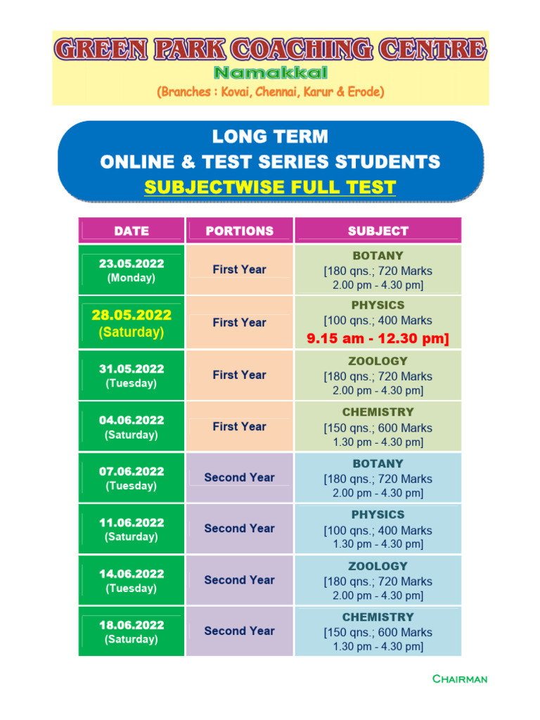 Subjectwise Test Schedule for Students | PDF