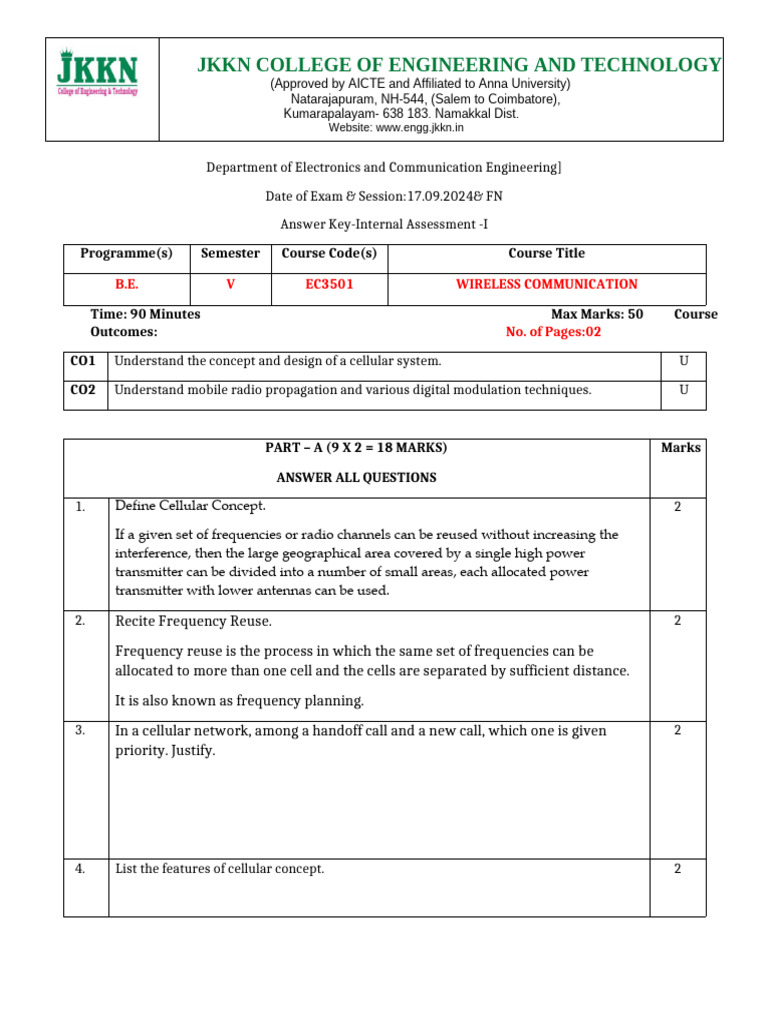 Wireless Communication Exam Answer Key | PDF | Waves | Cellular Network