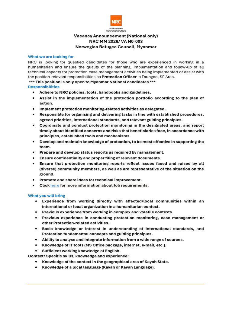 NRC Protection Officer Vacancy in Myanmar | PDF | Recruitment