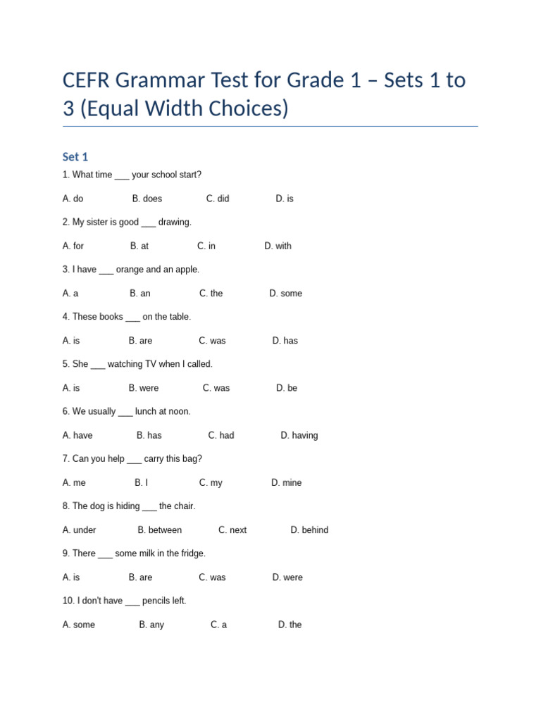 CEFR Grade 1 Grammar Test Sets 1-3 | PDF | Chess Openings | Chess Theory