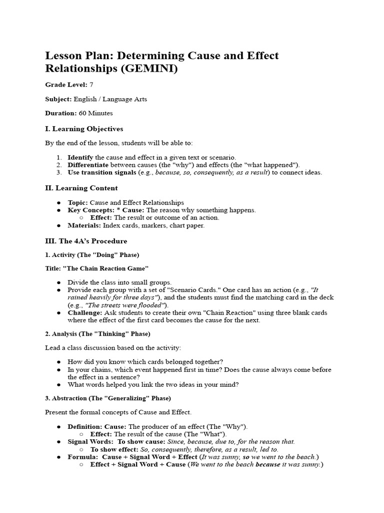 Cause and Effect Lesson Plan for 7th Grade | PDF | Causality | Lesson Plan