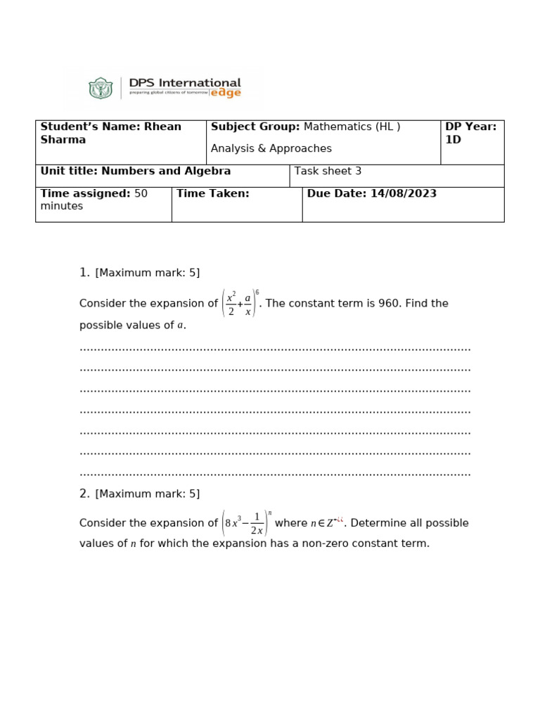 Mathematics HL Task Sheet: Algebra & Series | PDF | Mathematics ...