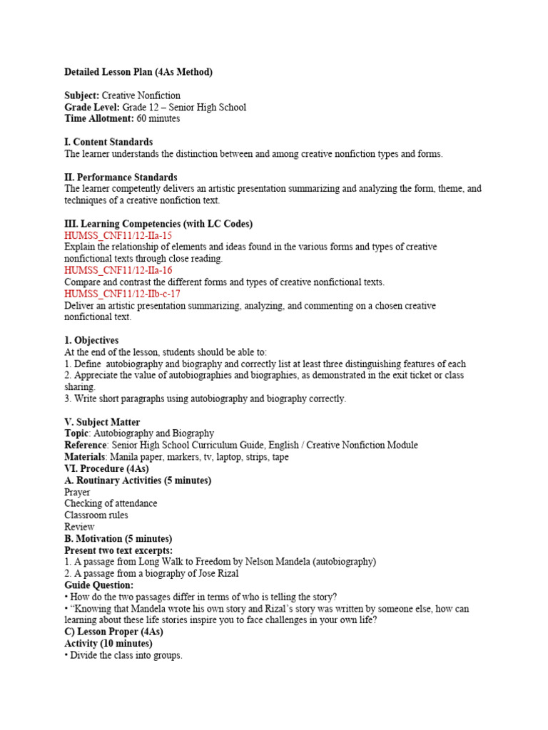 Creative Nonfiction Lesson Plan: 4As Method | PDF | Learning | Cognition