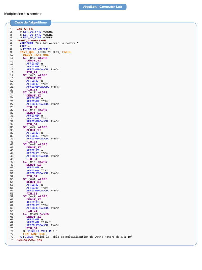 Table de multiplication en algorithme | PDF