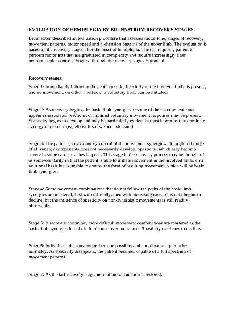Brunnstrom Stages of Hemiplegia Recovery | PDF | Anatomical Terms Of ...