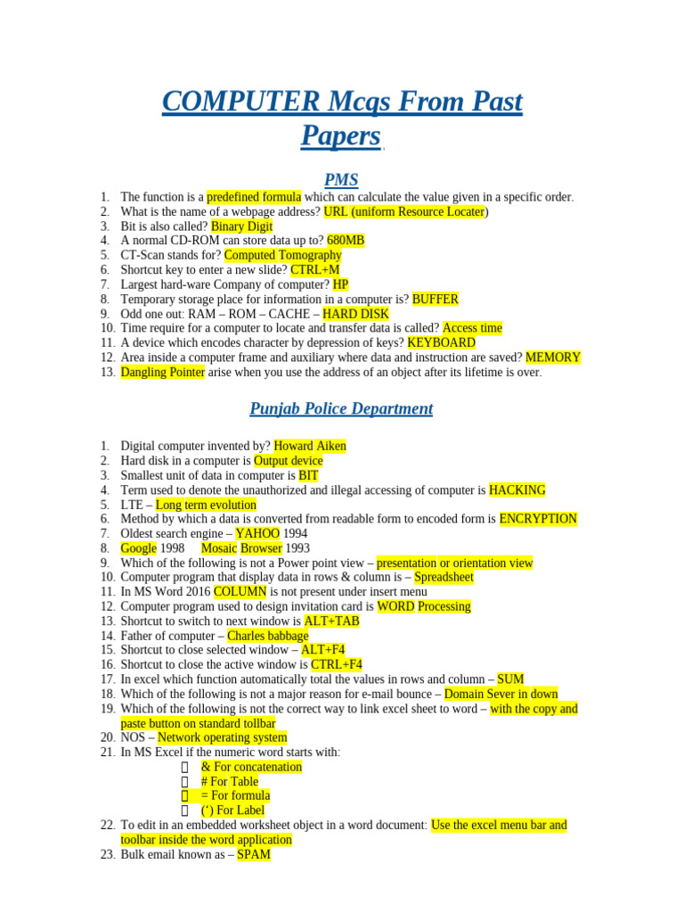 Computer MCQs from Past Papers | PDF | Microsoft Excel | Microsoft Word