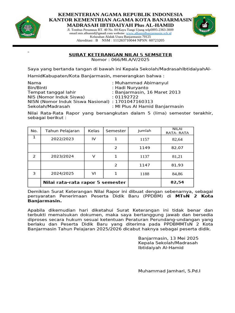 Surat Keterangan Nilai Rapor MI Al-Hamid | PDF