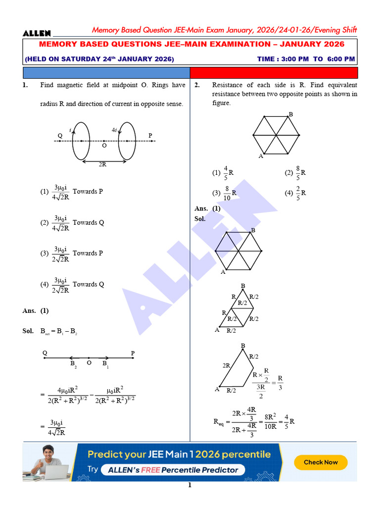 JEE Main 2026 Physics Memory Questions | PDF | Energy Level | Atoms