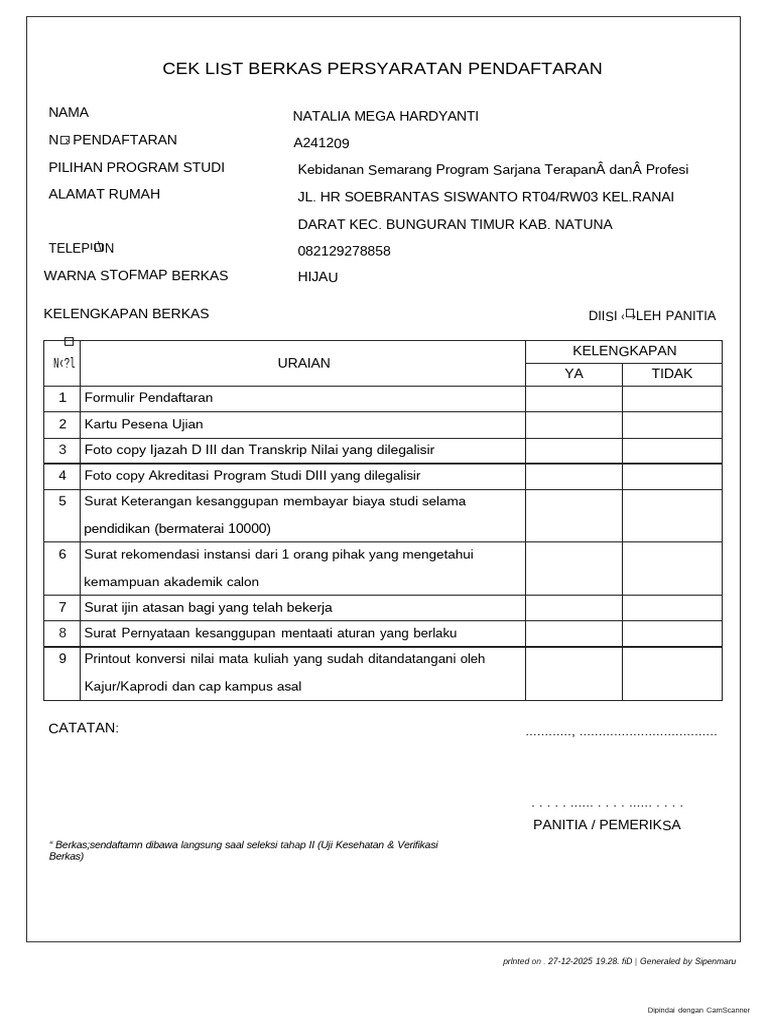 Berkas Pendaftaran Program RPL Alih Jenjang A241209 | PDF