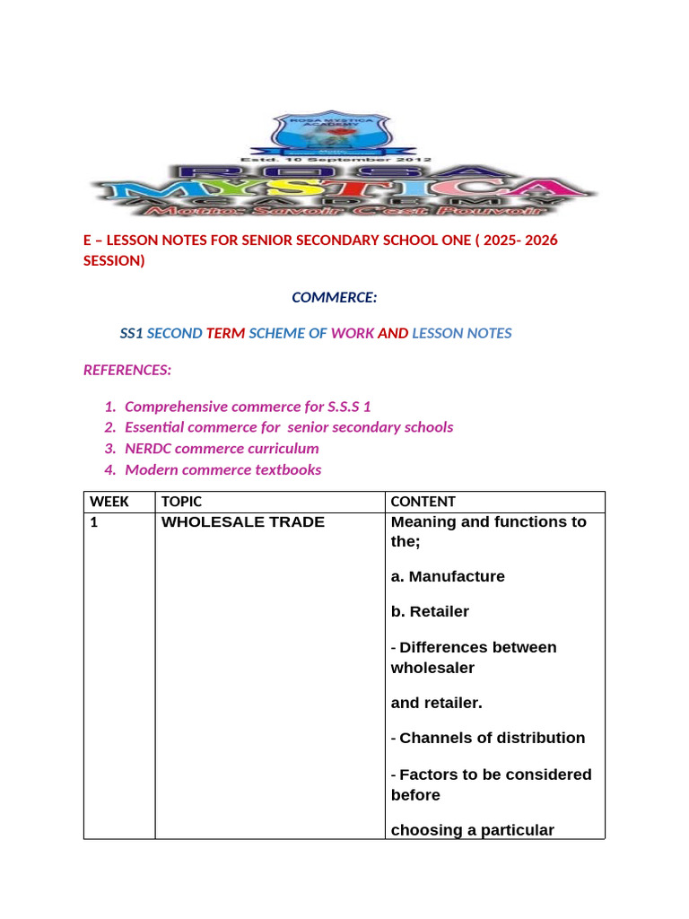 SS1 Commerce Lesson Notes 2025-2026 | PDF | Partnership | Commodity Markets