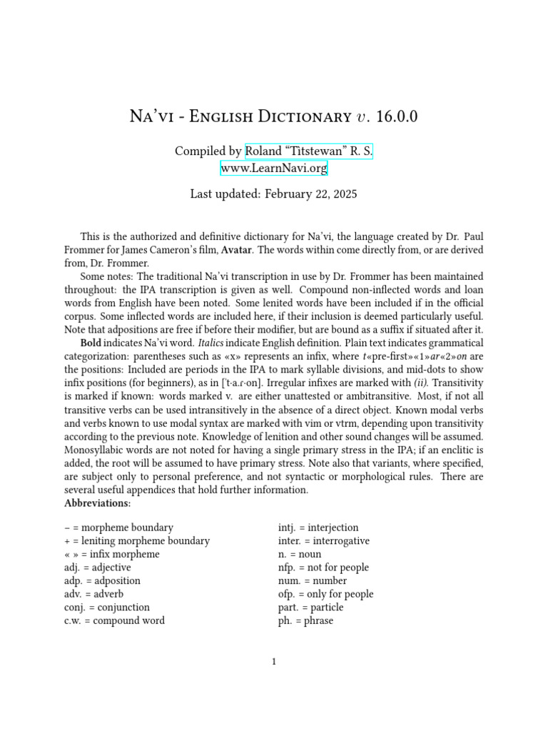 Na'vi-English Dictionary v. 16.0.0 | PDF | Linguistics | Grammar