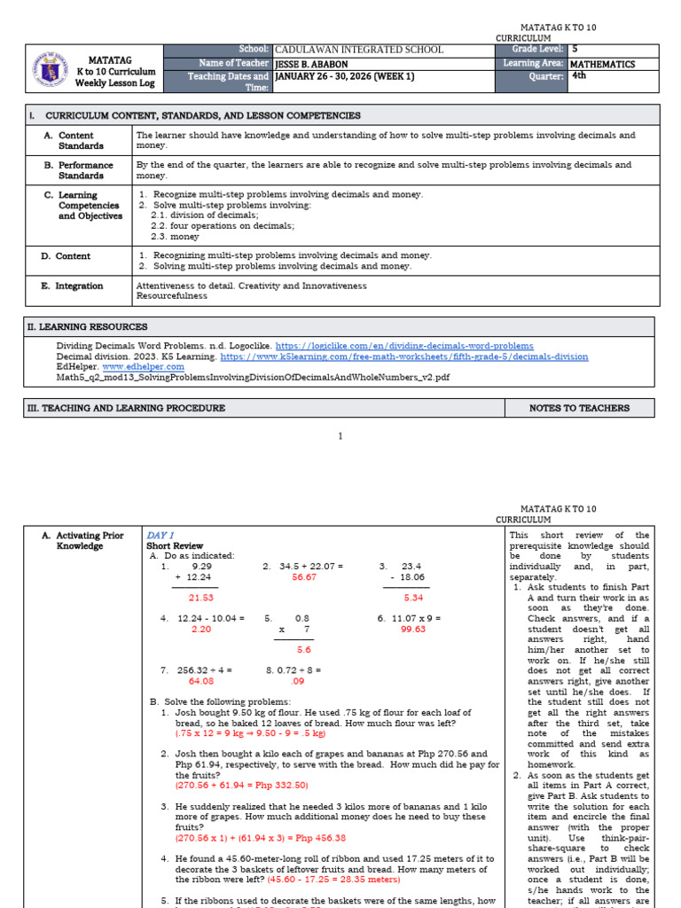 K-10 Math Lesson Plan: Decimals & Money | PDF | Curriculum | Learning