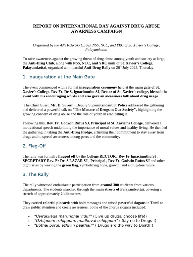 Report On International Day Against Arub Abuse Awareness Campaign | PDF