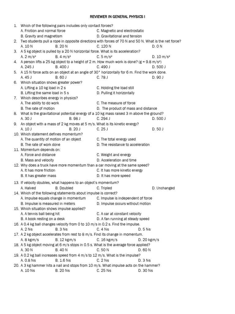 General Physics I Reviewer Questions | PDF | Force | Momentum